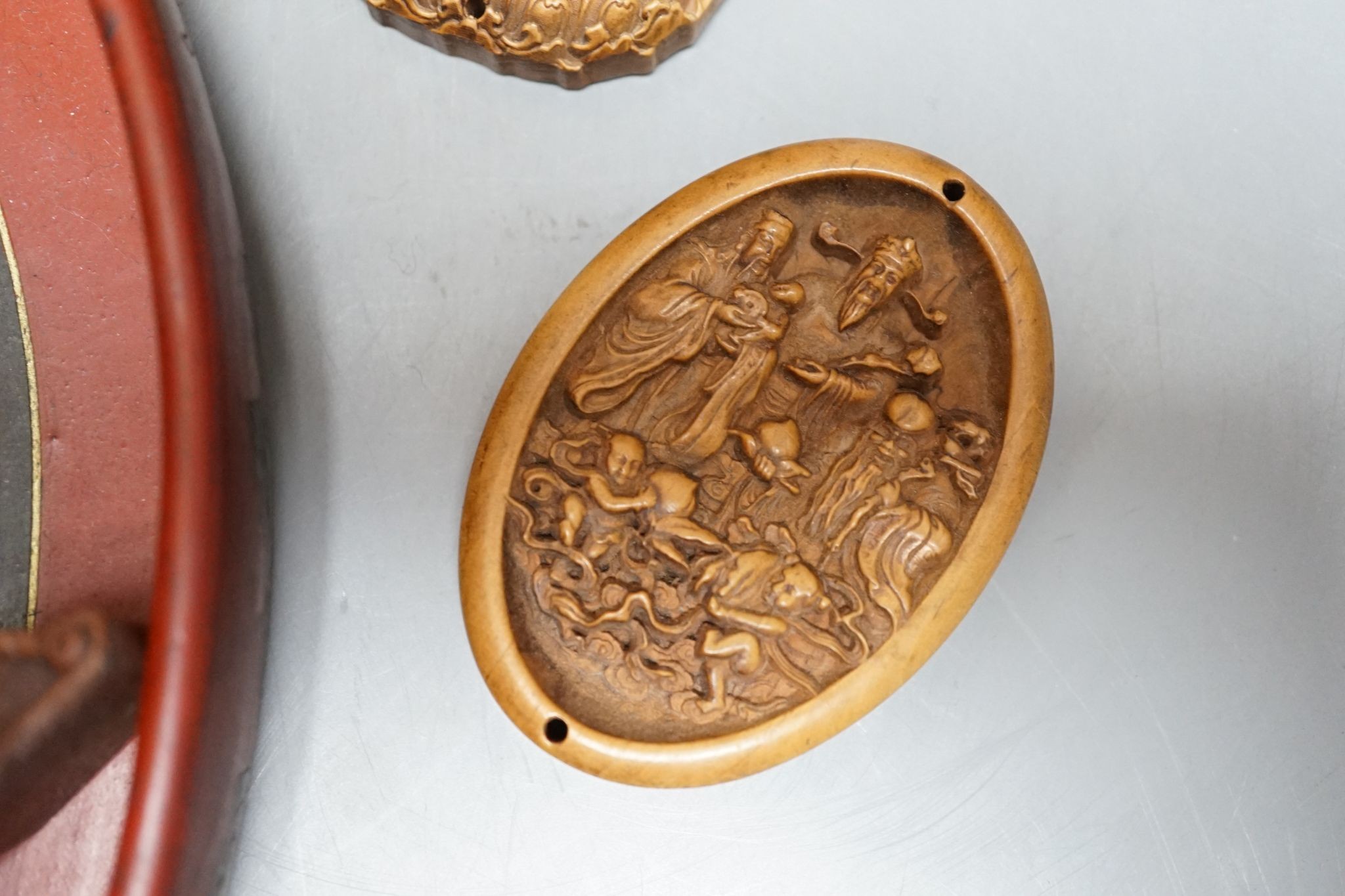 A Chinese applique work panel, a bamboo brushpot, 18cm, lacquer tray, inlaid boxwood table screen, covered box and two carvings